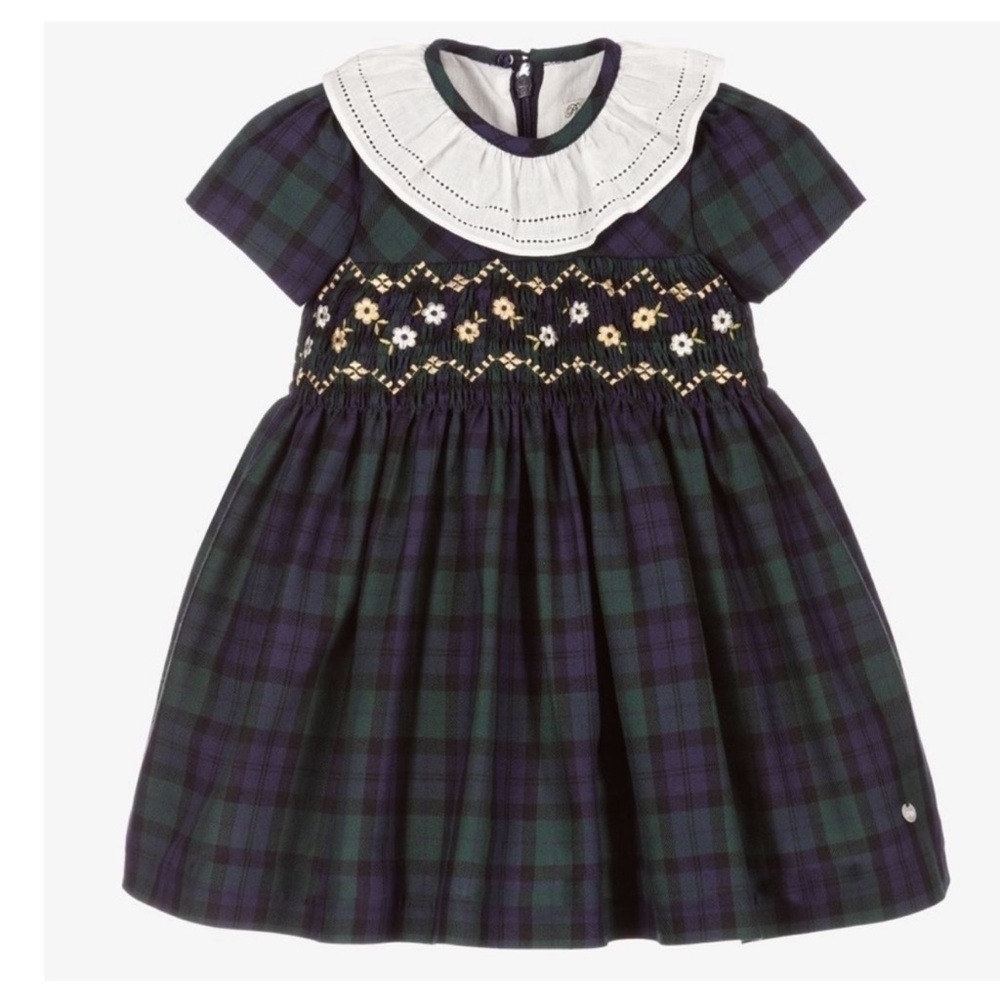 Plaid Dress with Floral Embroidery